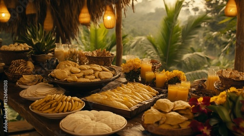 Tropical buffet table abundant with treats under a thatched roof overlooking lush greenery