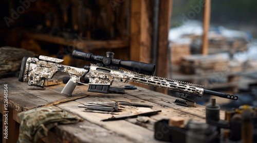 Detailed view of a disassembled sniper rifle laid out on a depot workbench, cleaning tools and replacement parts organized with military precision photo
