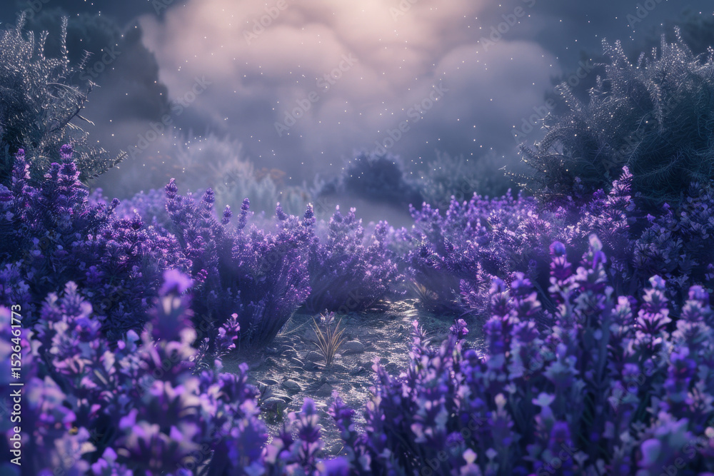 Fototapeta premium Mystical lavender field at dusk with a dreamlike atmosphere, illuminated by soft sunlight filtering through ethereal clouds.