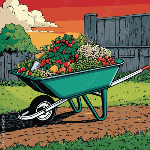 comic book style gardening cart illustration