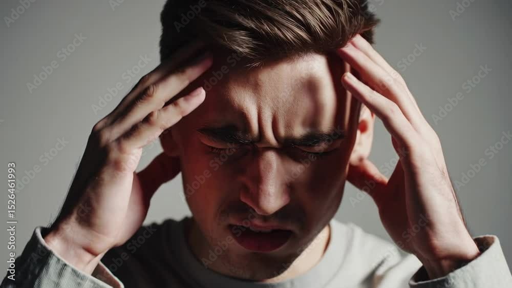 Severe headache gripping young man, pressing temples and showing intense pain and distress against neutral gray background Severe headache gripping young man, pressing temples and showing intense pain and distress against neutral gray background