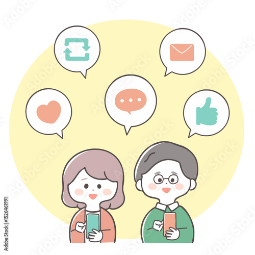 SNSを楽しんでいる高齢夫婦のイラスト