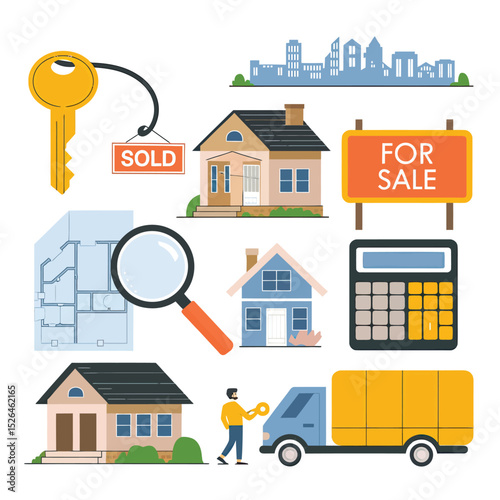 vector icons real estate business house key, symbolizing ownership new home House Sold Sign icon "Sold" sign in front, representing successful real estate 
