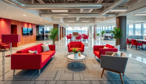 Bright, modern office space features red seating, plants, and a large window with a water view