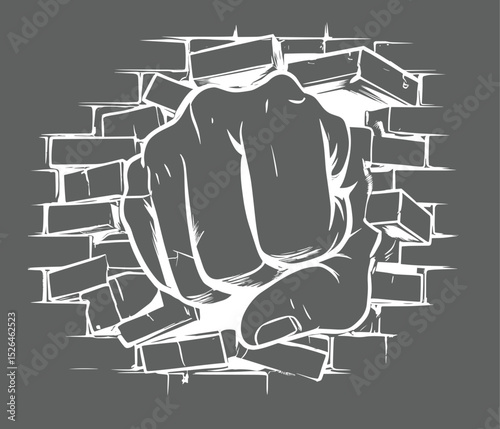 a fist breaking through a brick wall pencil line art vector hand punch