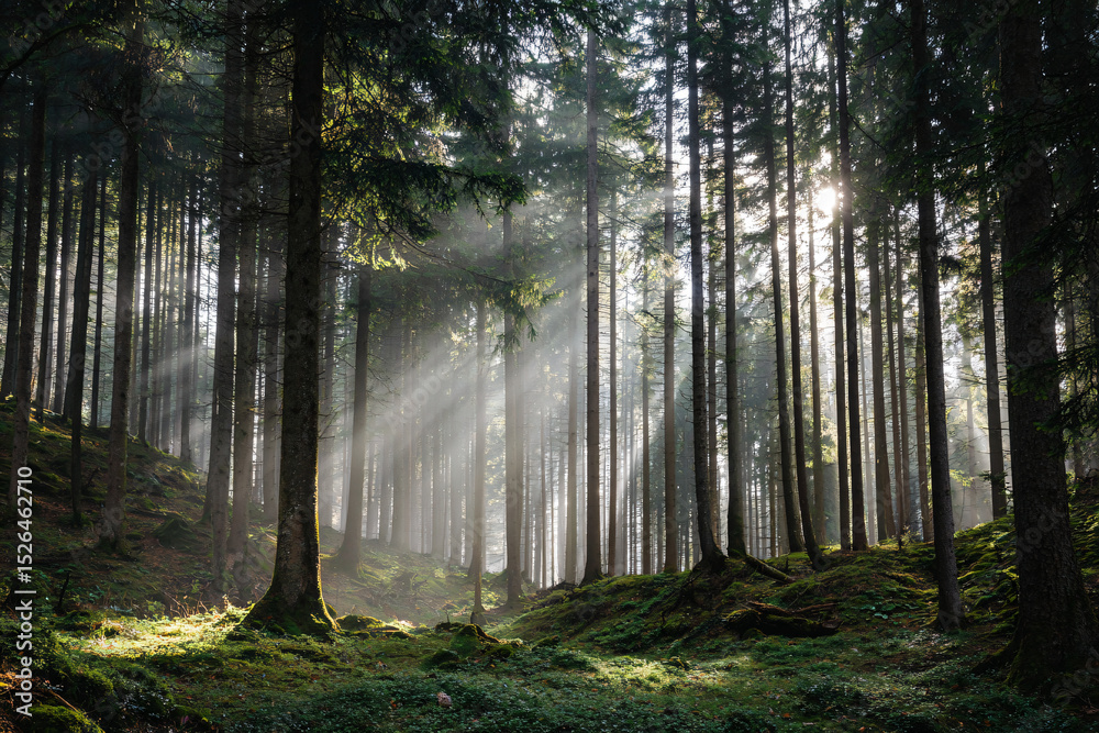 Obraz premium a forest with a sunbeam in the middle of the forest
