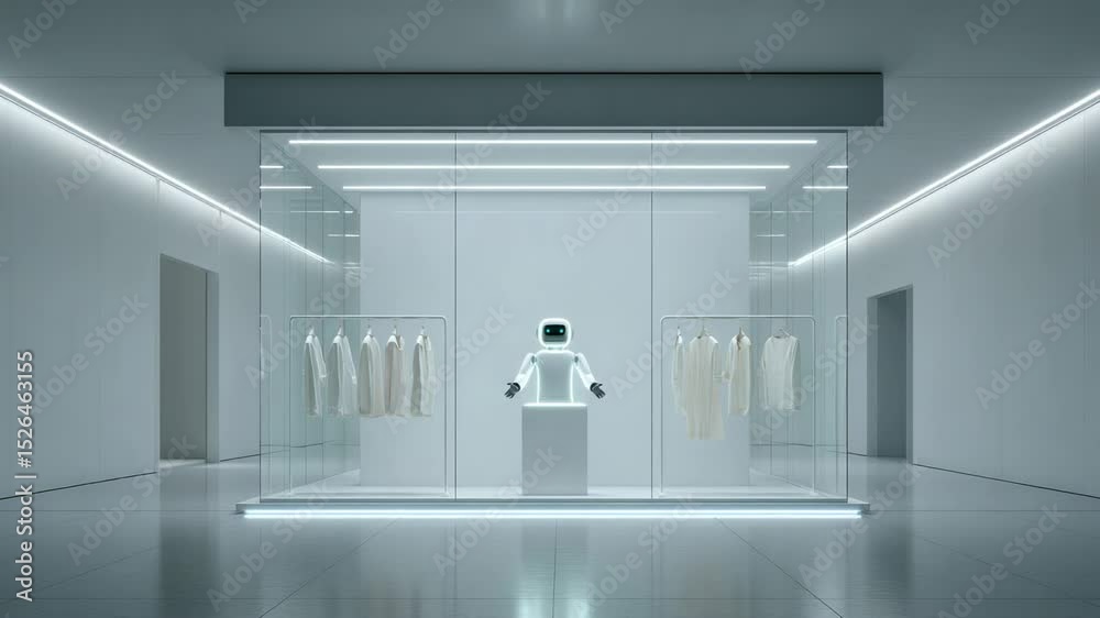 Innovative retail space showcasing minimalist design with robotic assistant presenting white garments in modern showcase