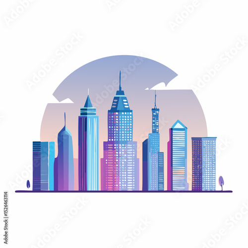 Colorful cityscape illustration of modern skyscrapers at twilight.