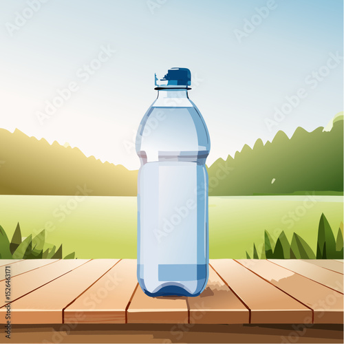 A clear plastic water bottle sits on a wooden table outdoors, bathed in sunlight, against a backdrop of a tranquil green landscape.
