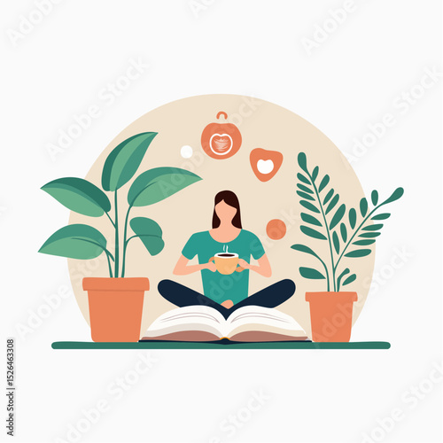 Woman meditating with a cup of coffee, surrounded by plants and books.