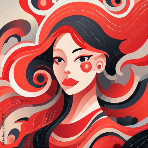 A stylized portrait of a woman with vibrant red and black hair, surrounded by abstract swirls and patterns.