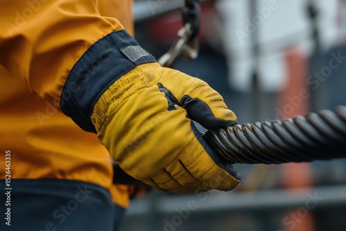 Worker Holding Large Steel Rope With Safety Gloves in Industrial Setting