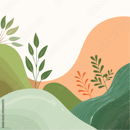 Abstract landscape illustration with stylized hills and foliage.