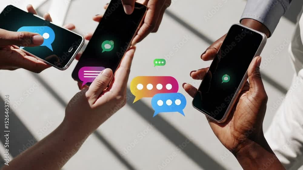 Business colleagues are holding smartphones with colorful message icons, highlighting communication, social media interaction, and modern office connectivity