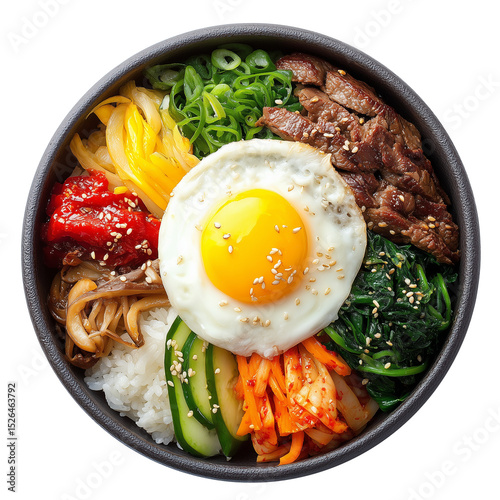 a black bowl of Korean bibimbap | transparent png | flat lay