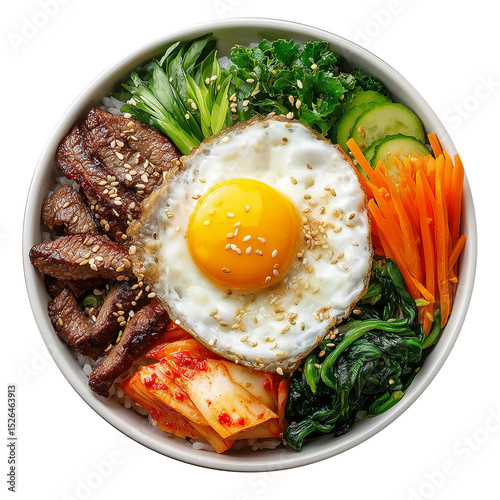 a white bowl of korean bibimbap | transparent png  | flat lay