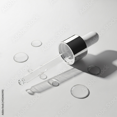 A glass dropper with liquid droplets on a smooth, light grey surface. 