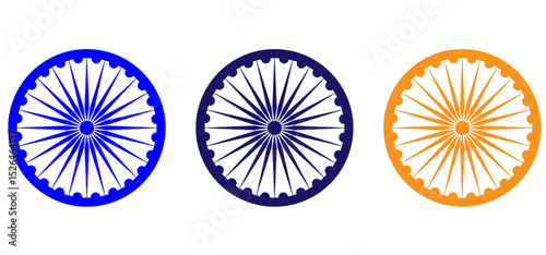Wheel with spokes vector icon. Ashoka chakra in navy blue, orange, green and black colour with shadows and accurate lines. Indian flag Ashoka chakra wheel in flat style. Vector illustration