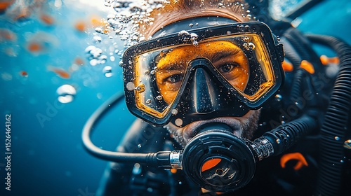 Underwater diver's close-up view, wearing scuba gear in the ocean.  Bubbles surround the diver's head