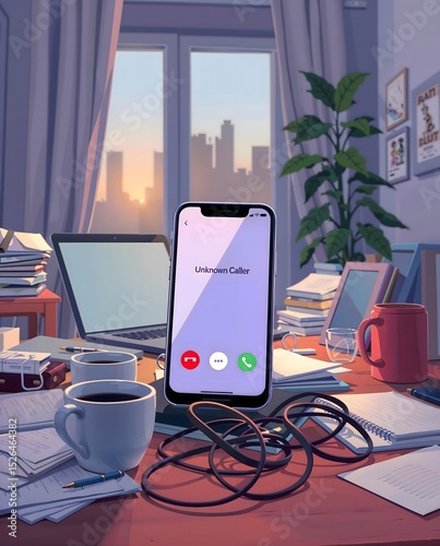 Phone screen with unknown caller in messy home office workspace  