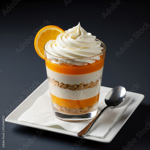 A layered dessert parfait in a glass with orange and white creams, topped with swirled cream and an orange slice, on a white plate with a spoon. 