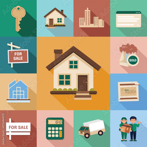 vector icons real estate business house key, symbolizing ownership new home House Sold Sign icon "Sold" sign in front, representing successful real estate 
