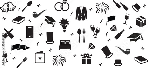 A vibrant collection of Mardi Gras-themed outline icons in black and white.