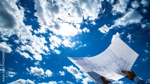 Architectural blueprints held aloft against a vibrant sky.