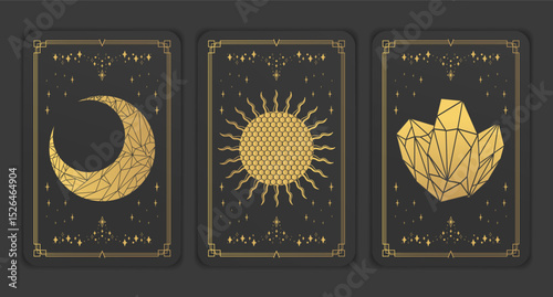 Golden tarot cards with crystal celestial symbols. Magical esoteric Tarot deck set. Vector illustration