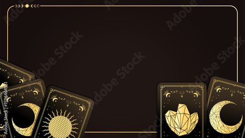 Vector tarot banner. Celestial fortune telling divination background with empty space for text. Template with golden magical tarot cards
