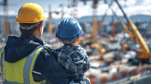 Wallpaper Mural Young boy sits on his dadâs shoulders as they wear matching construction uniforms, surveying a busy construction site with cranes, trucks, and teamwork around Torontodigital.ca