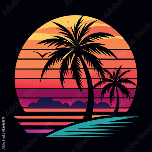 Retro sunset beach scene with palm trees silhouette design perfect for vacation vibes