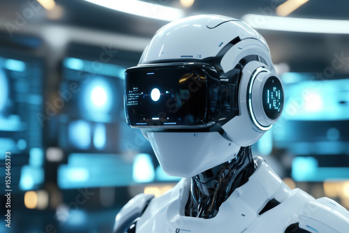 Futuristic humanoid robot wearing virtual reality headset in advanced technology setting