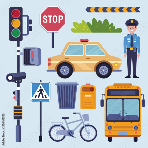 vector street elements and tools icons include traffic light road sign car police officer other     
