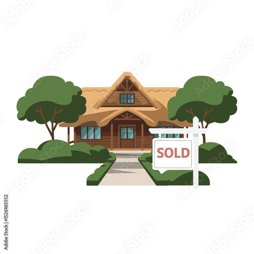 vector icons real estate business house key, symbolizing ownership new home House Sold Sign icon "Sold" sign in front, representing successful real estate 
