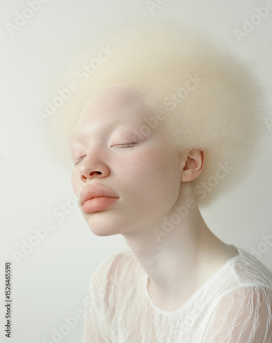 Albino model posing in minimalistic studio setting with soft natural light