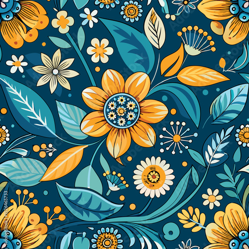Elegant floral pattern of blooming yellow and turquoise flowers on a dark navy background