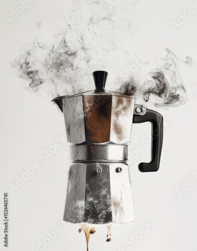 Coffee brewing in a silver moka pot with steam and coffee grounds rising