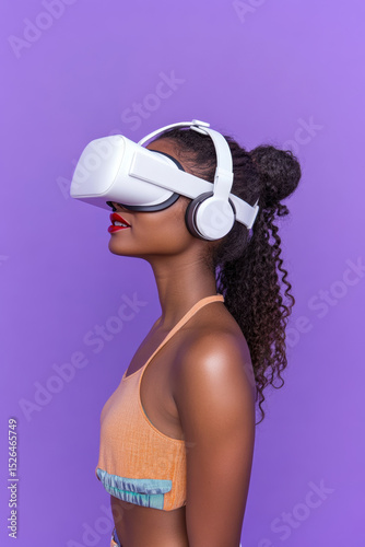 Young woman experiences virtual reality with a headset against a vibrant purple background