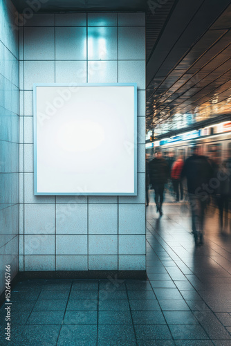 Blank advertising space in busy subway station with commuters passing by
