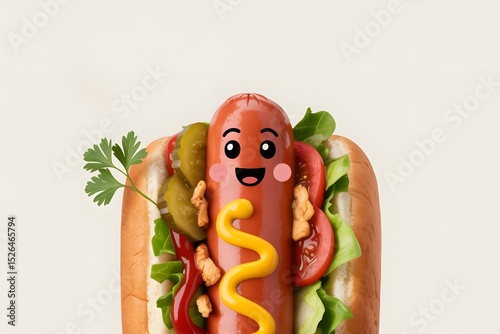Smiling Hotdog Delight: A playful hotdog with happy, cartoonish features, nestled in a soft bun and garnished with fresh vegetables and vibrant sauces, creating a delicious and inviting food scene.