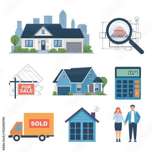 vector icons real estate business house key, symbolizing ownership new home House Sold Sign icon "Sold" sign in front, representing successful real estate 
