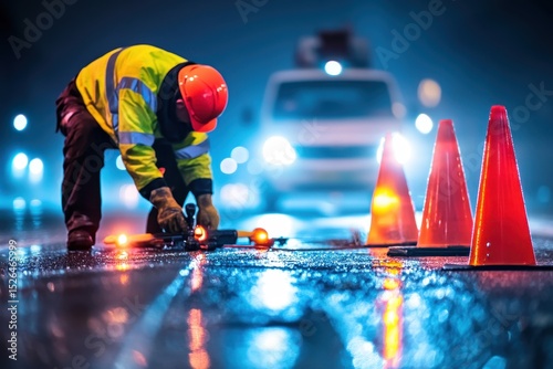 Worker in Safety Gear Conducting Road Repair at Night with Traffic