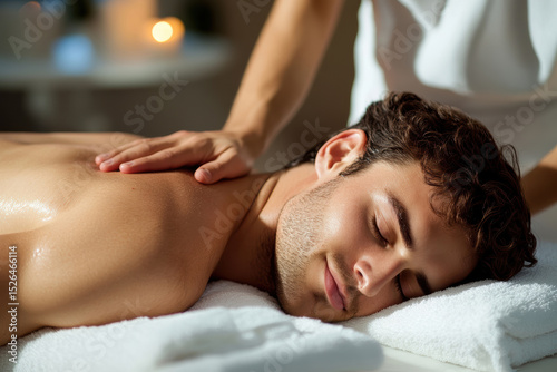 Relaxing massage therapy session for a young man in a tranquil spa environment