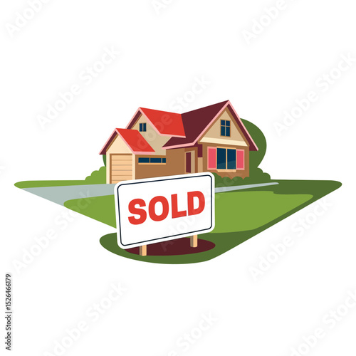 vector icons real estate business house key, symbolizing ownership new home House Sold Sign icon "Sold" sign in front, representing successful real estate 
