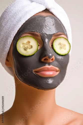 Woman with facial mask and cucumber slices for skin care on white background