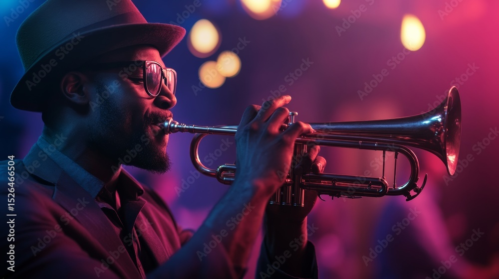 Obraz premium Jazz band in full swing, illuminated stage, energetic trumpet soloist, evening performance, vintage vibe