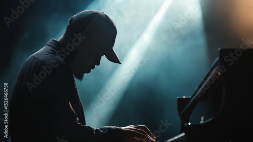 Jazz soloist on stage with single beam of light, moody blues, intense emotion