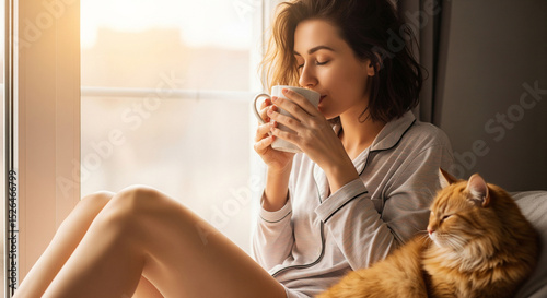A young woman in pajamas enjoys a warm drink by the window, sharing a cozy morning with her ginger cat