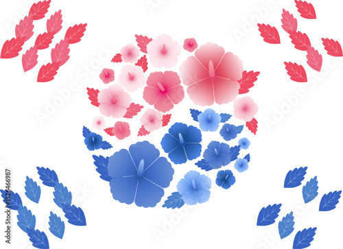 An illustration of the South Korean national flag drawn with rose of Sharon and leaves
